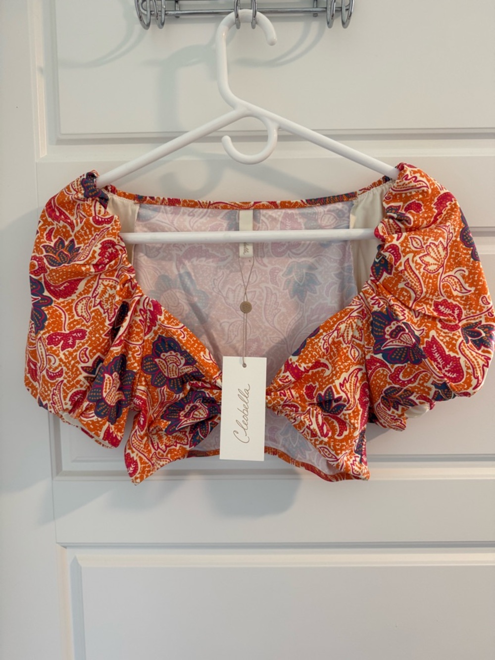 NWT Cleobella Maude Tie-Front Puff Sleeve Bikini Top, Orange Print, Size Small - Picture 3 of 4